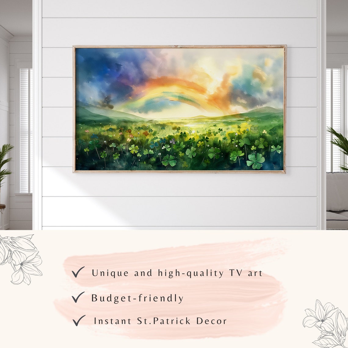 Sunset Rainbow Over Clover Field Watercolor St Patricks Day Art Poster - Image 3