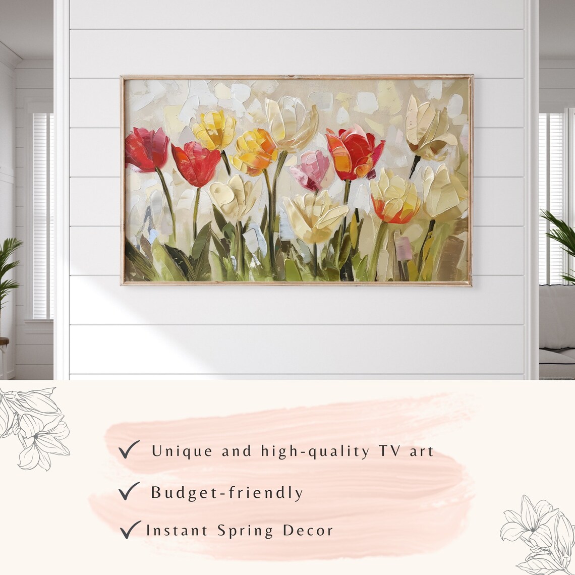 Colorful Tulips Red Yellow Cream Palette Knife Oil Painting Art - Image 3