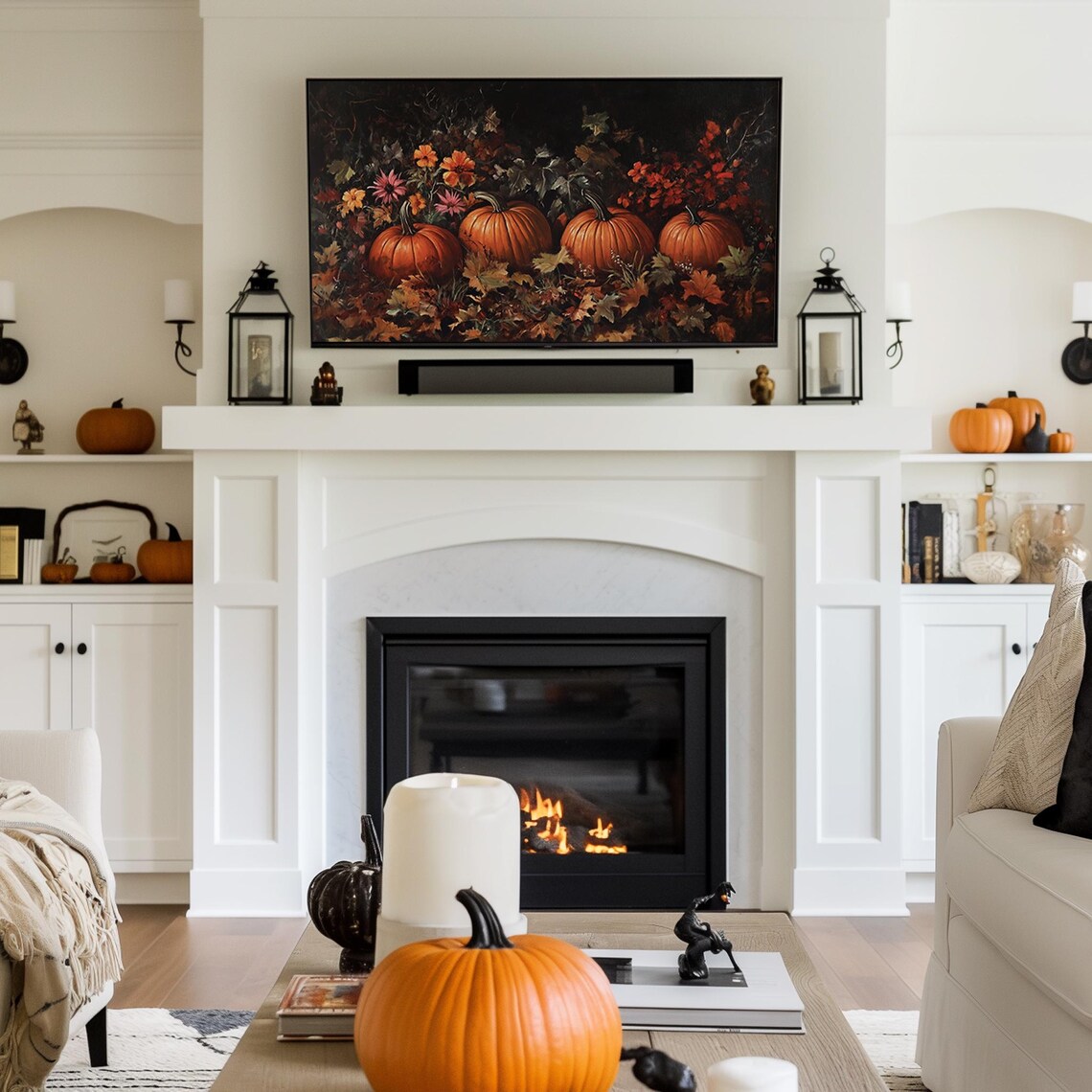 Four Pumpkins with Autumn Flowers Dark Moody Fall TV Art Poster - Image 2