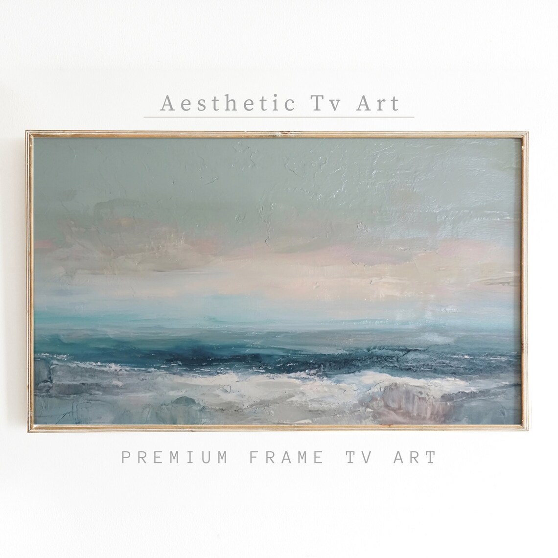 Abstract Seascape Muted Teal Horizon Calm Coastal Oil Painting Art