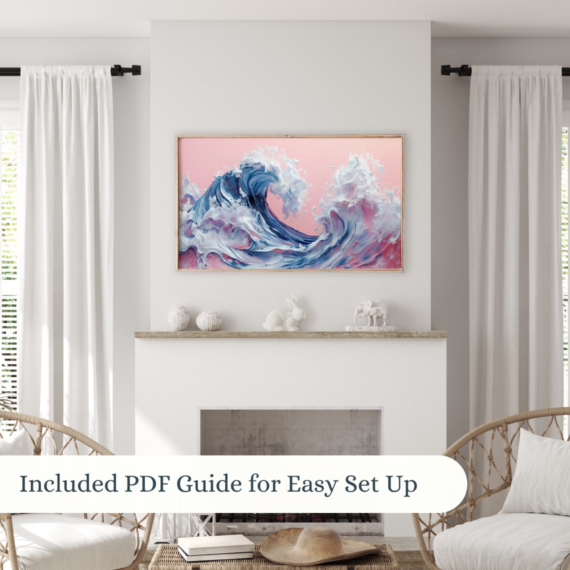 Blue Ocean Wave Pink Sky Great Wave Inspired Textured Art Poster - Image 3