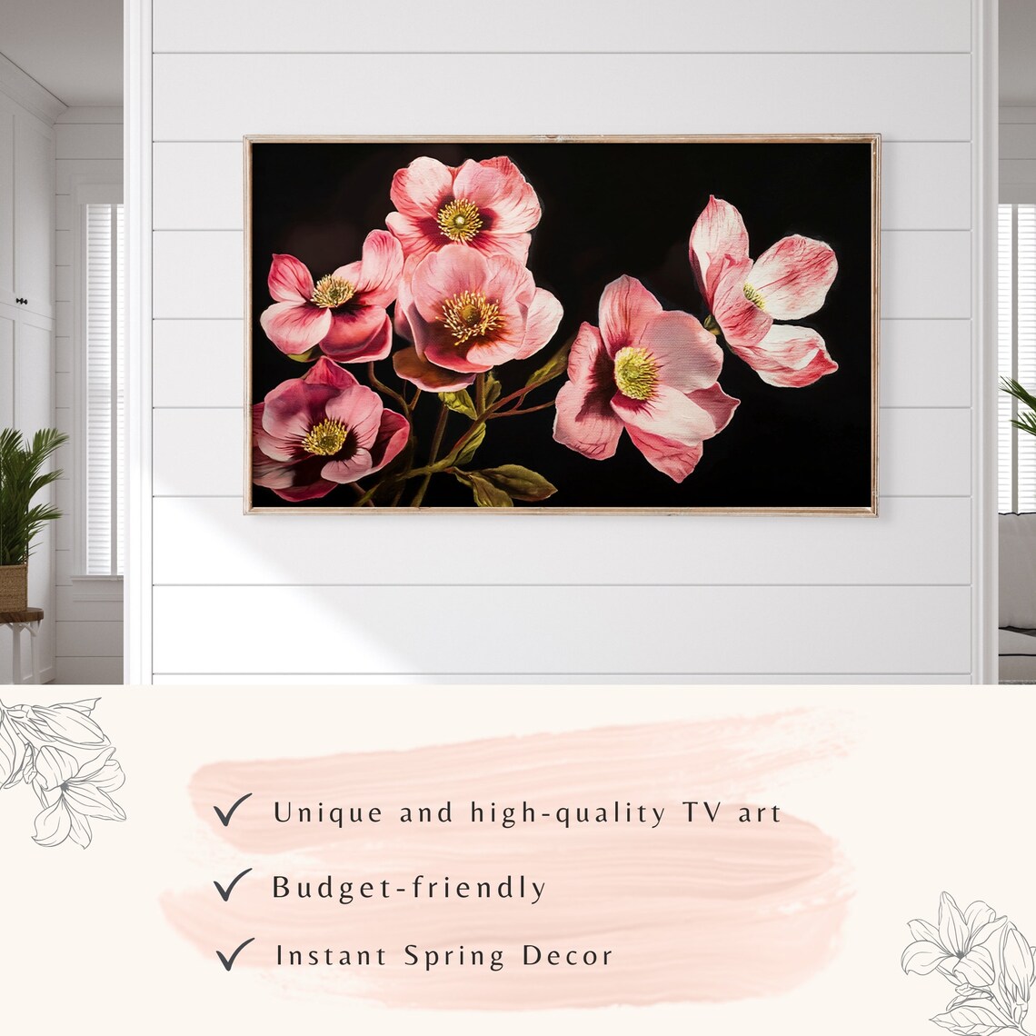 Moody Dark Botanical Pink Flowers Black Background Floral Poster - Image 3