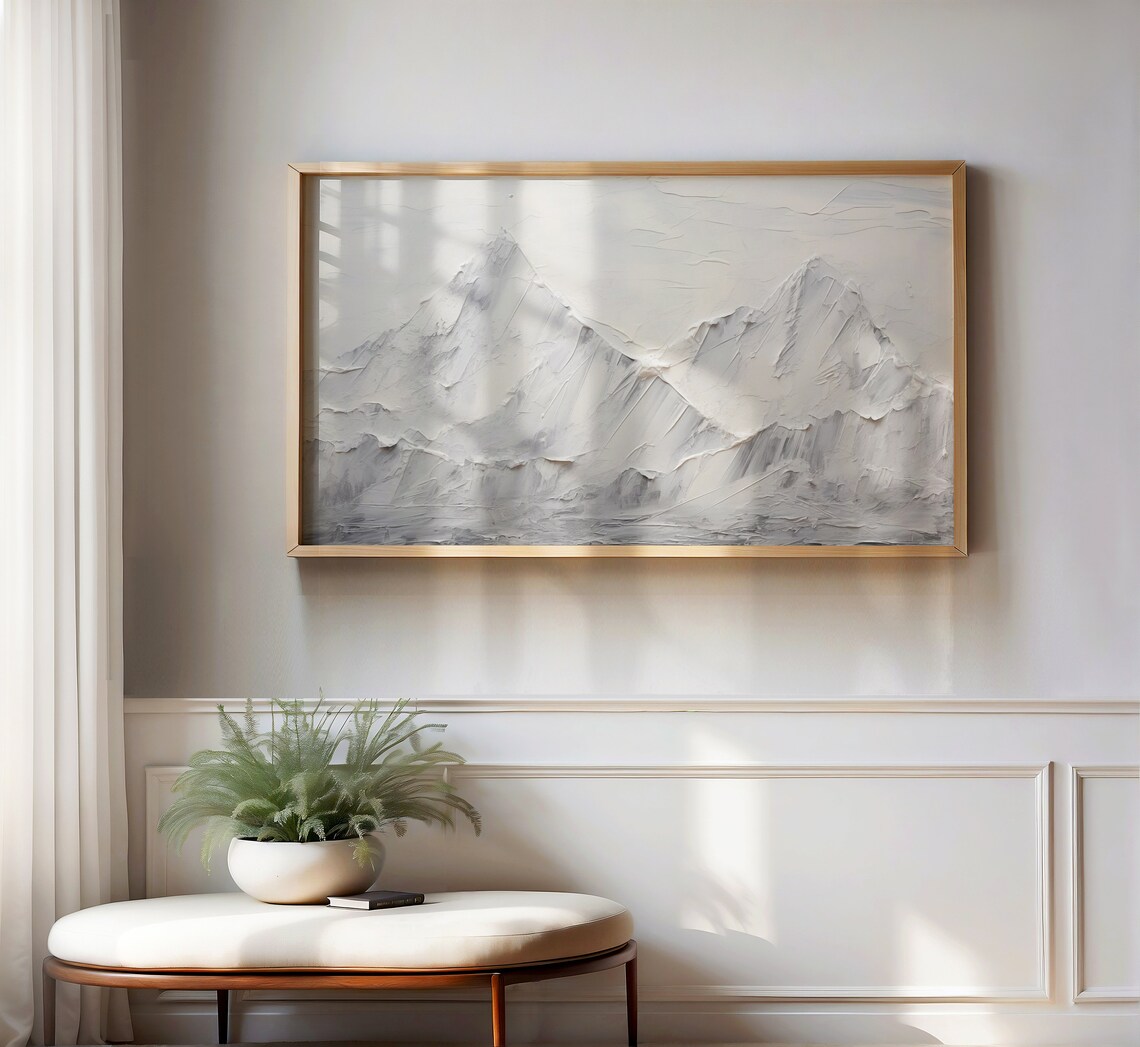 White Snowy Mountain Peaks Impasto Texture Minimalist Oil Wall Art - Image 2