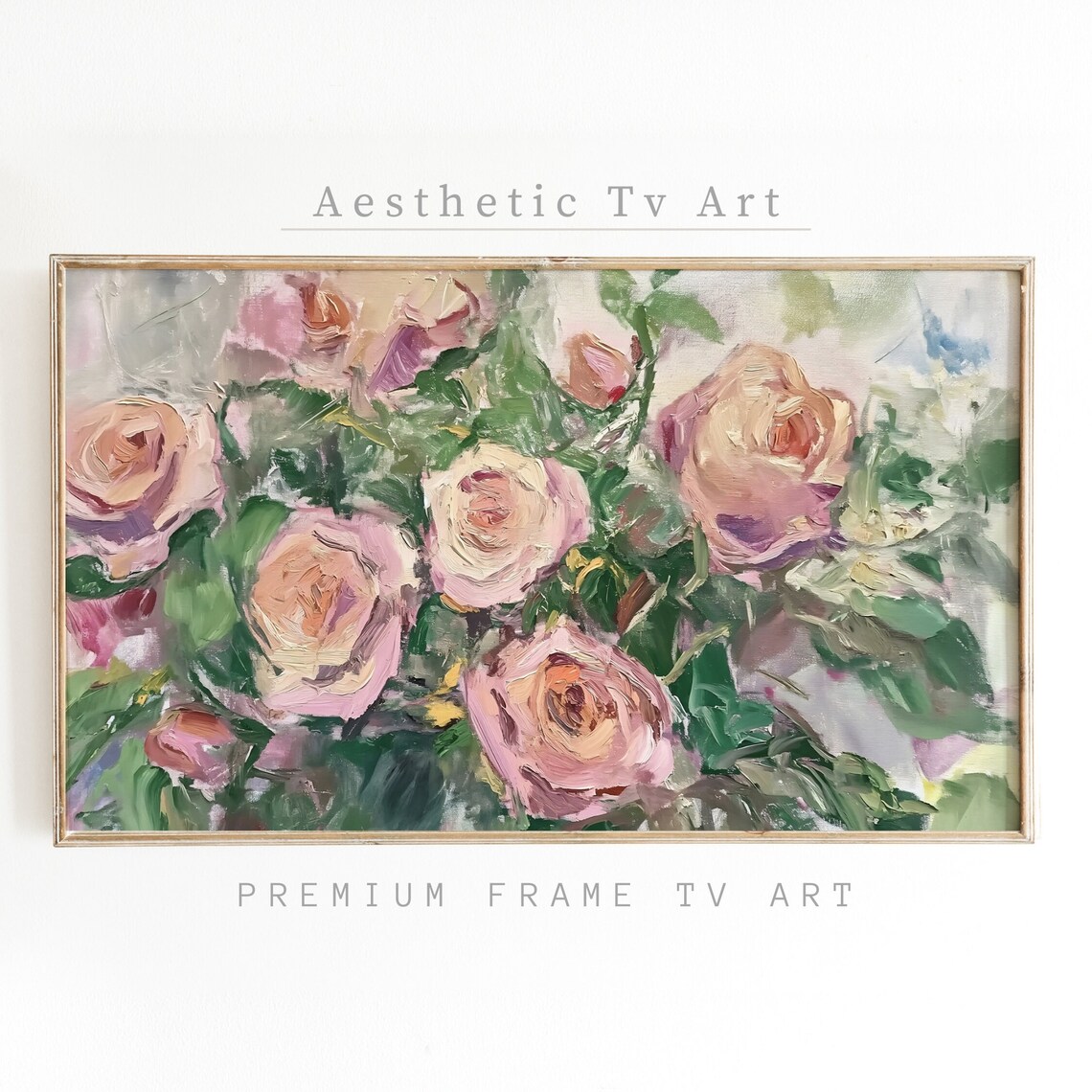 Vintage Frame Tv Art Roses Oil Painting Still Life Floral Oil Painting Spring Farmhouse Wall Decor Frame Tv Art