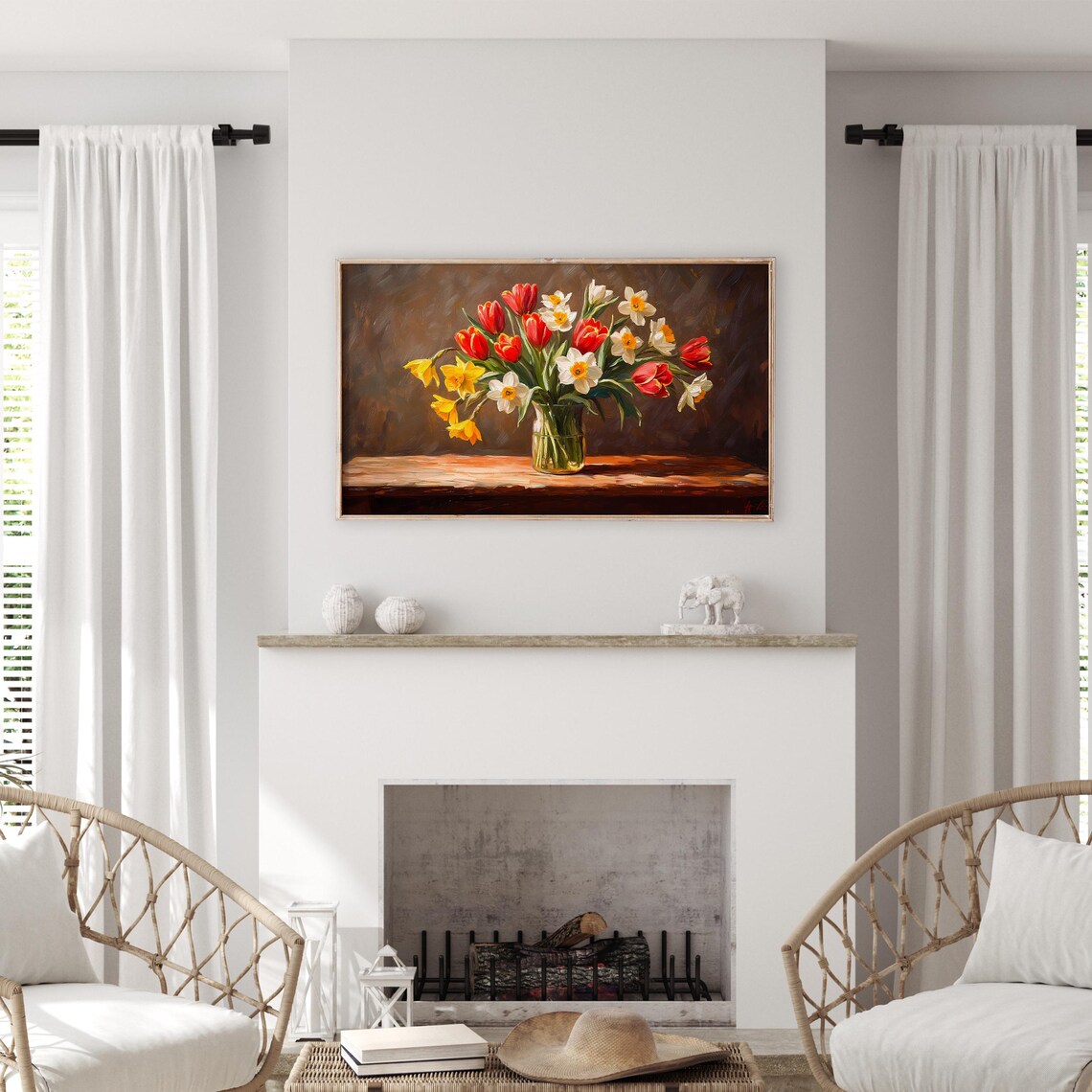 Red Tulips And Daffodils Bouquet In Glass Vase Still Life Art Poster - Image 3
