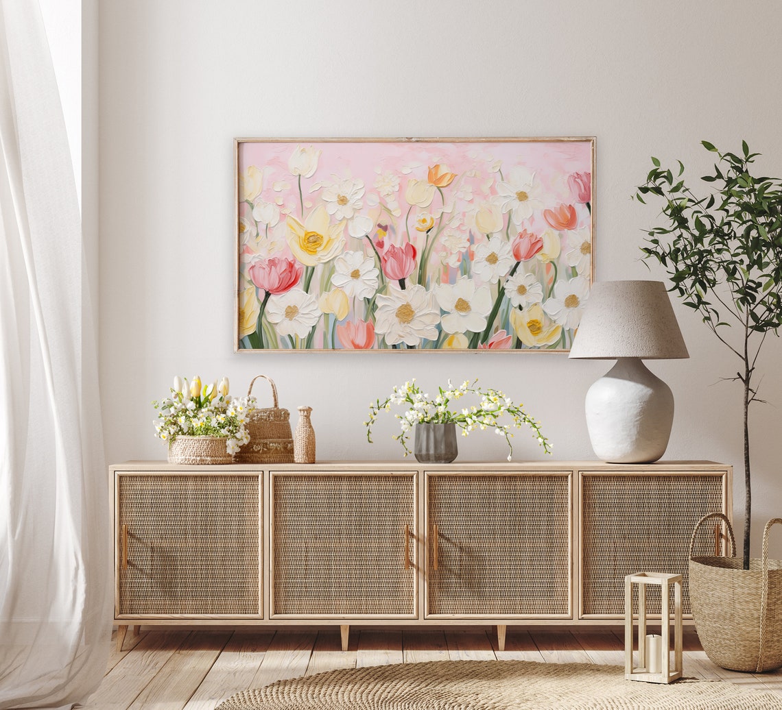 Pink White Impasto Wildflowers Tulips Daisies Textured Art Poster - Image 3