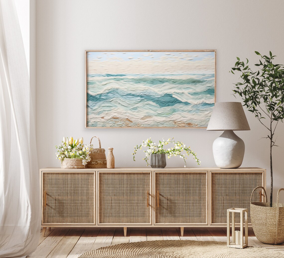 Neutral Abstract Ocean Waves Beige Teal Textured Fiber Art Poster - Image 2