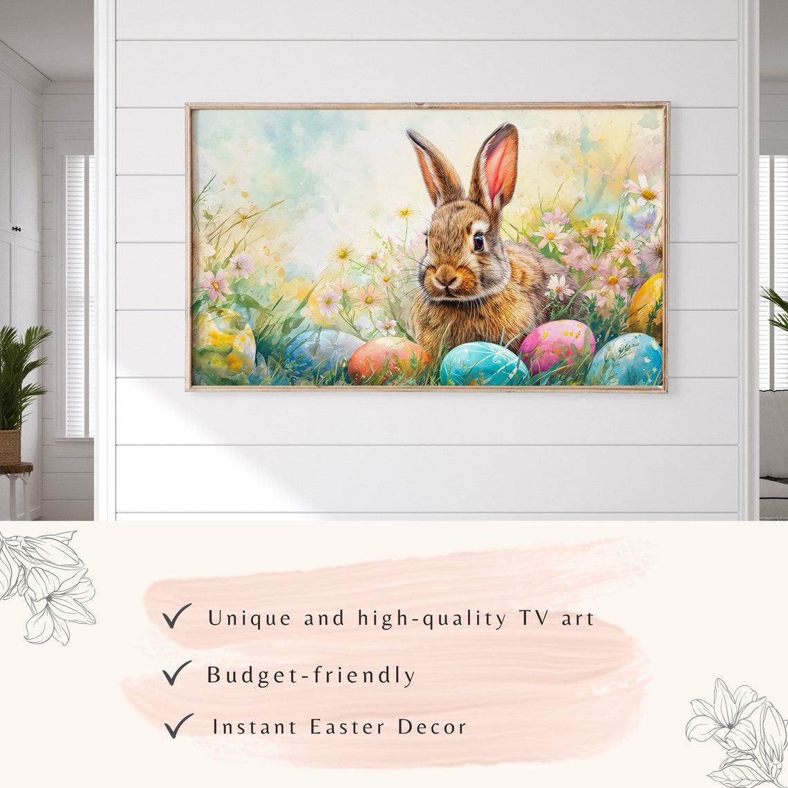 Easter Frame Tv Art Cute Easter Rabbit Watercolor Painting Spring Wildflowers Frame Tv Modern Farmhouse Decor - Image 3