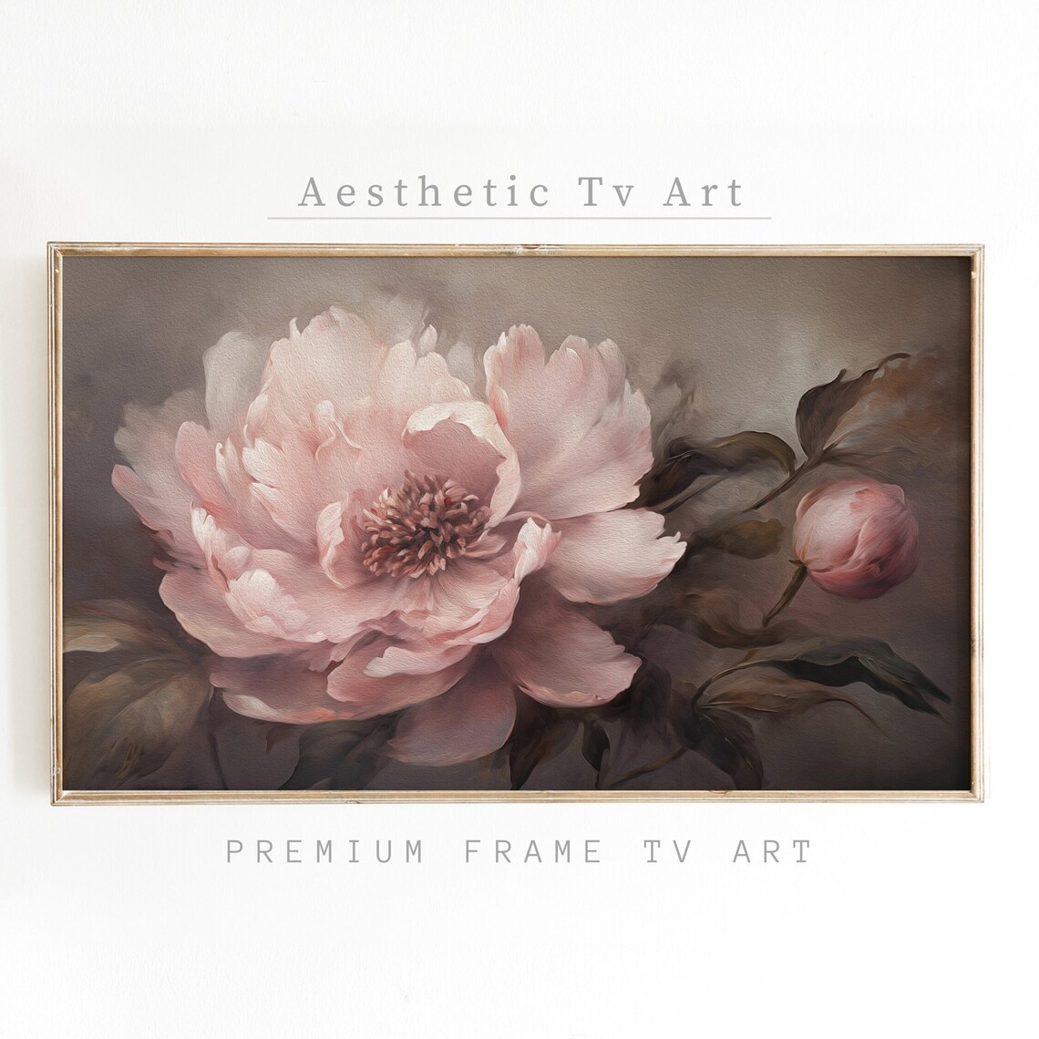 Moody Blush Pink Peony Bloom Dark Floral Still Life Oil Poster