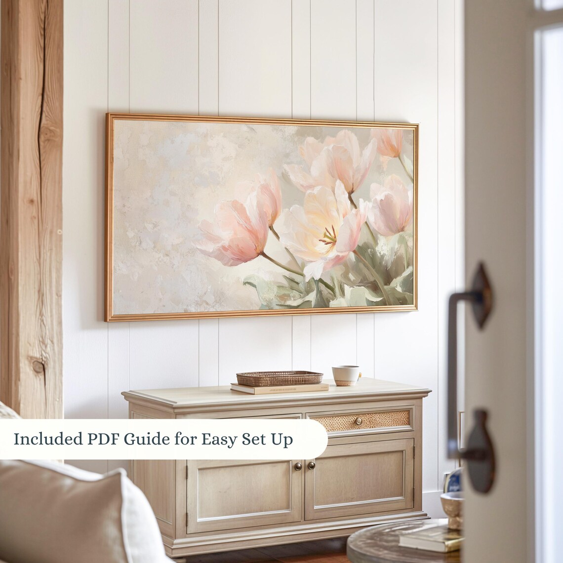 Soft Pink Tulips In Muted Beige Spring Floral Oil Painting Poster - Image 3