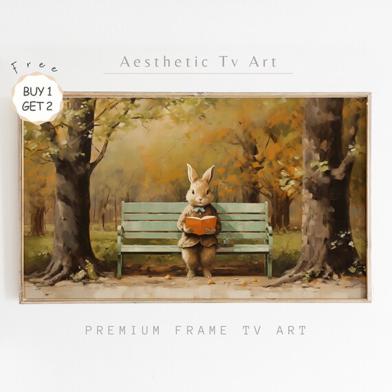Vintage Easter Bunny Reading Book Park Bench Autumn Scene Poster