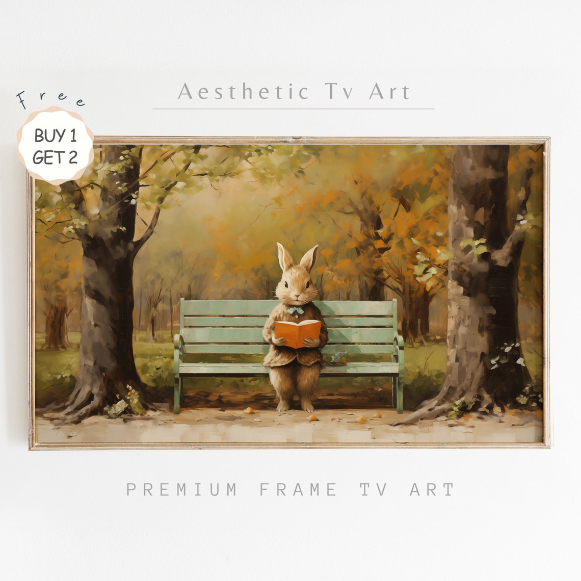 Vintage Easter Bunny Reading Book Park Bench Autumn Scene Poster