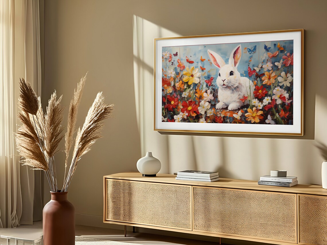 Easter Bunny Butterflies Colorful Wildflower Garden Oil Poster - Image 2