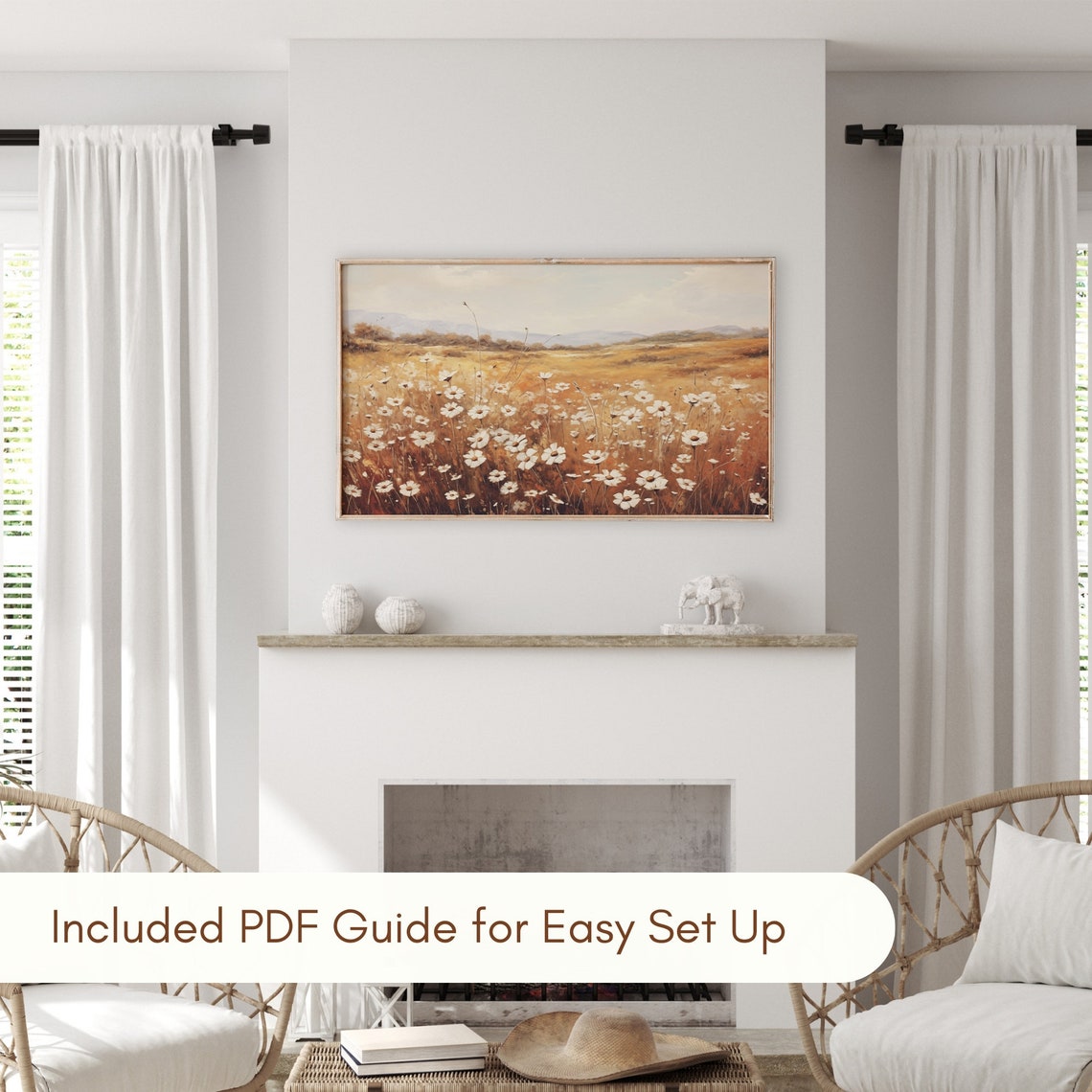 White Daisy Meadow Golden Hour Rolling Hills Landscape Poster - Image 3