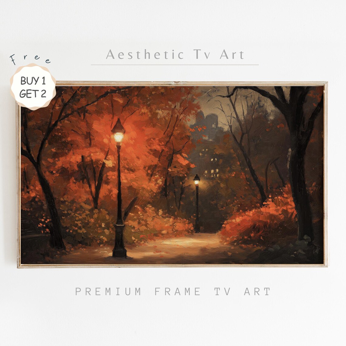 Autumn Park Night Lit Street Lamps Fall Oil Painting TV Art Poster