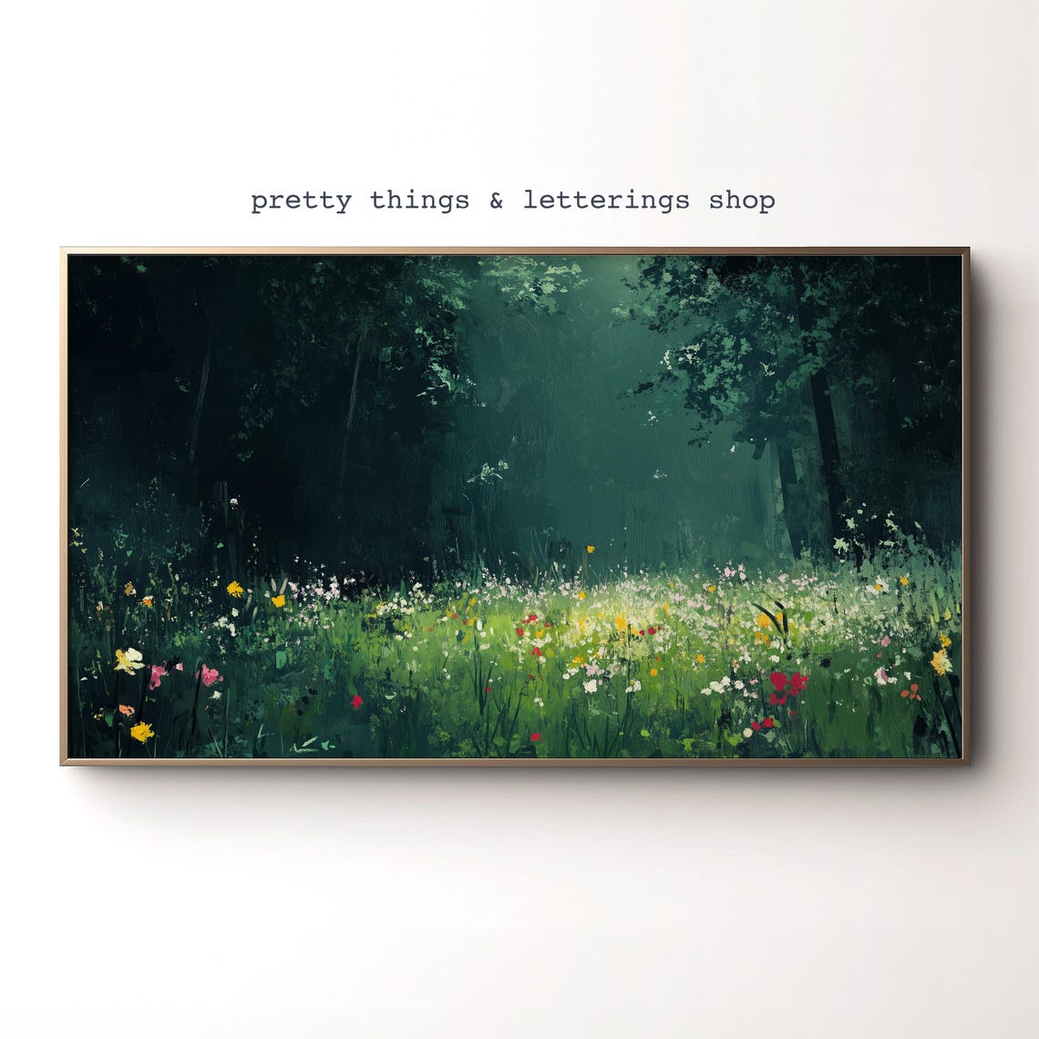Enchanted Forest Wildflower Meadow Dark Green Moody Art Poster