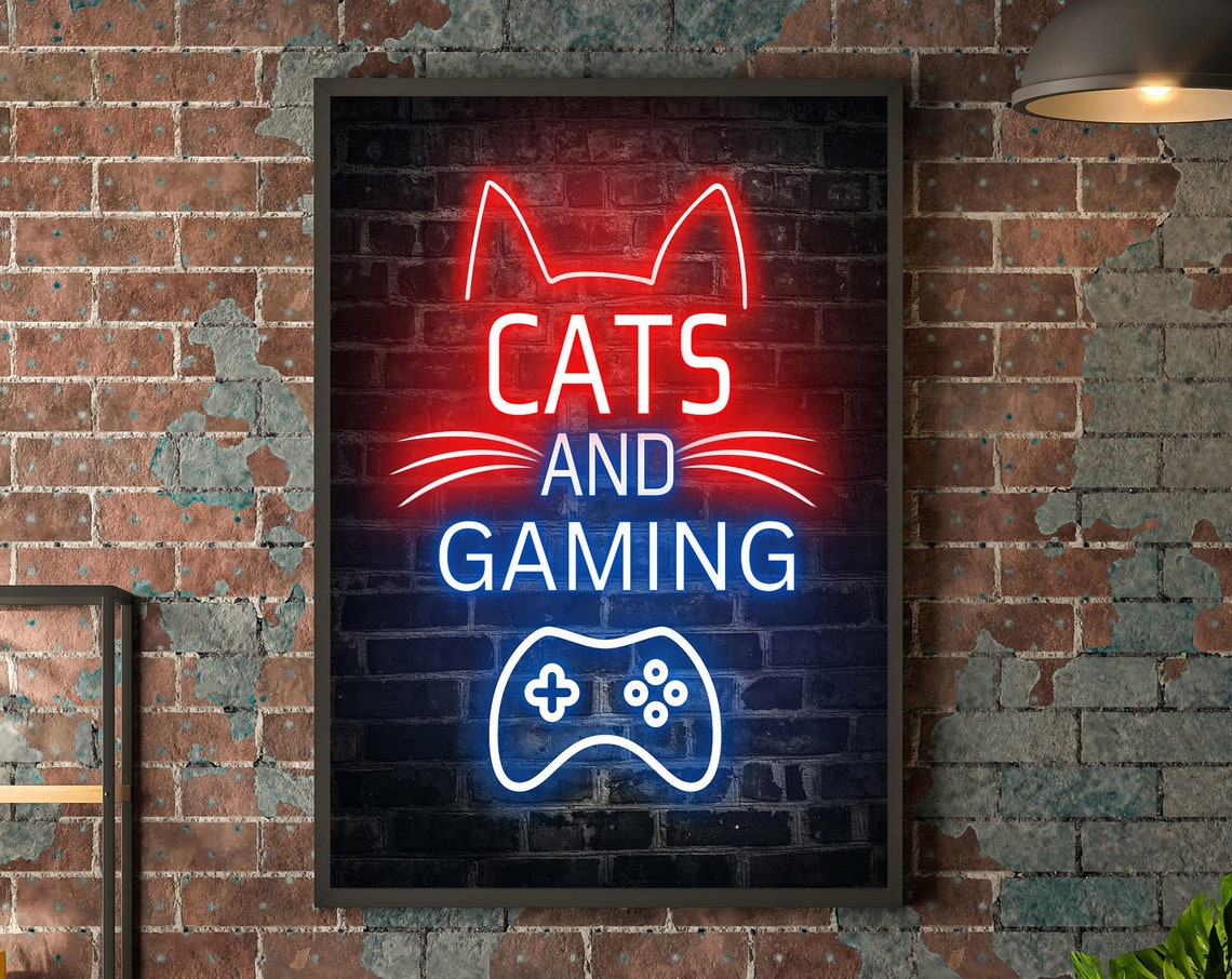 Cats And Gaming Neon Sign Red Blue Glow Brick Wall Decor Art Poster
