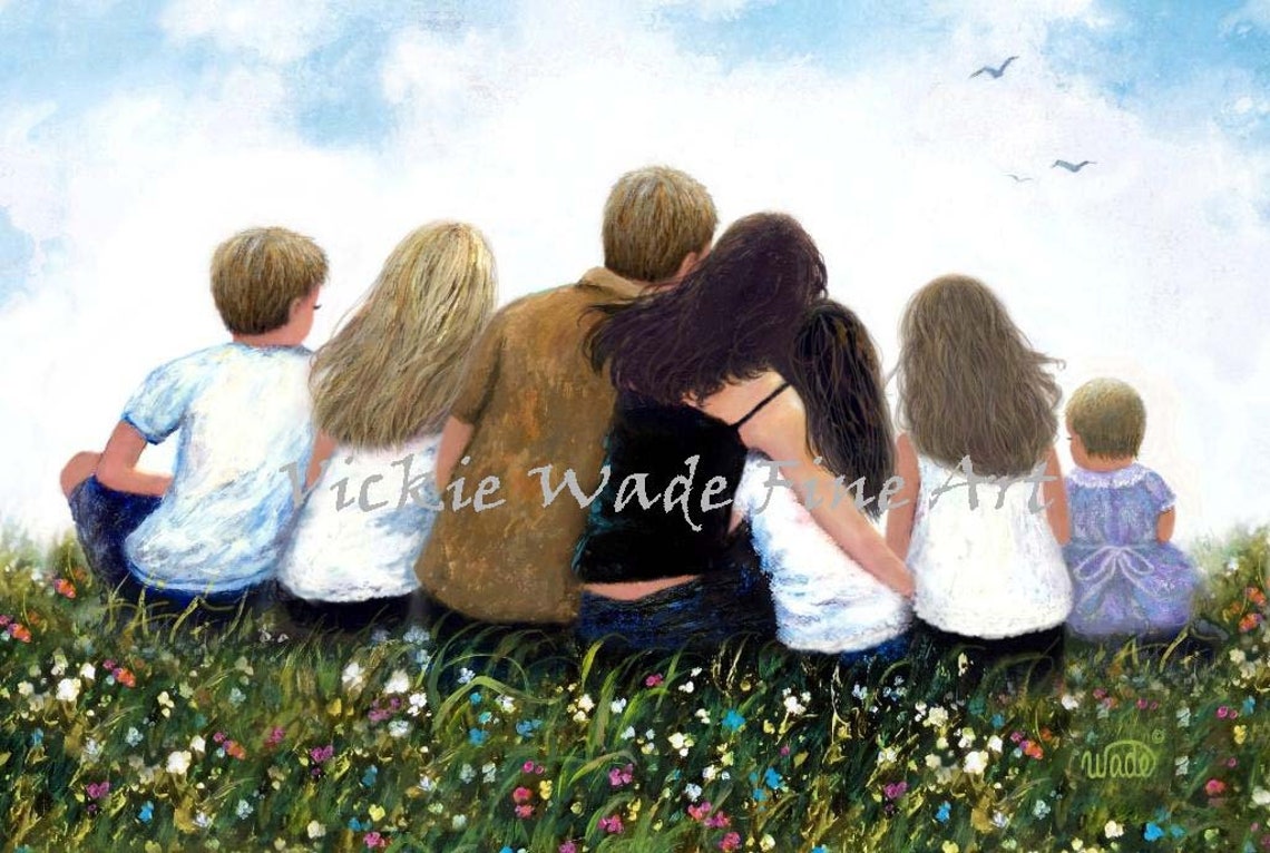 Parents With Five Children Sitting Together in a Meadow Poster