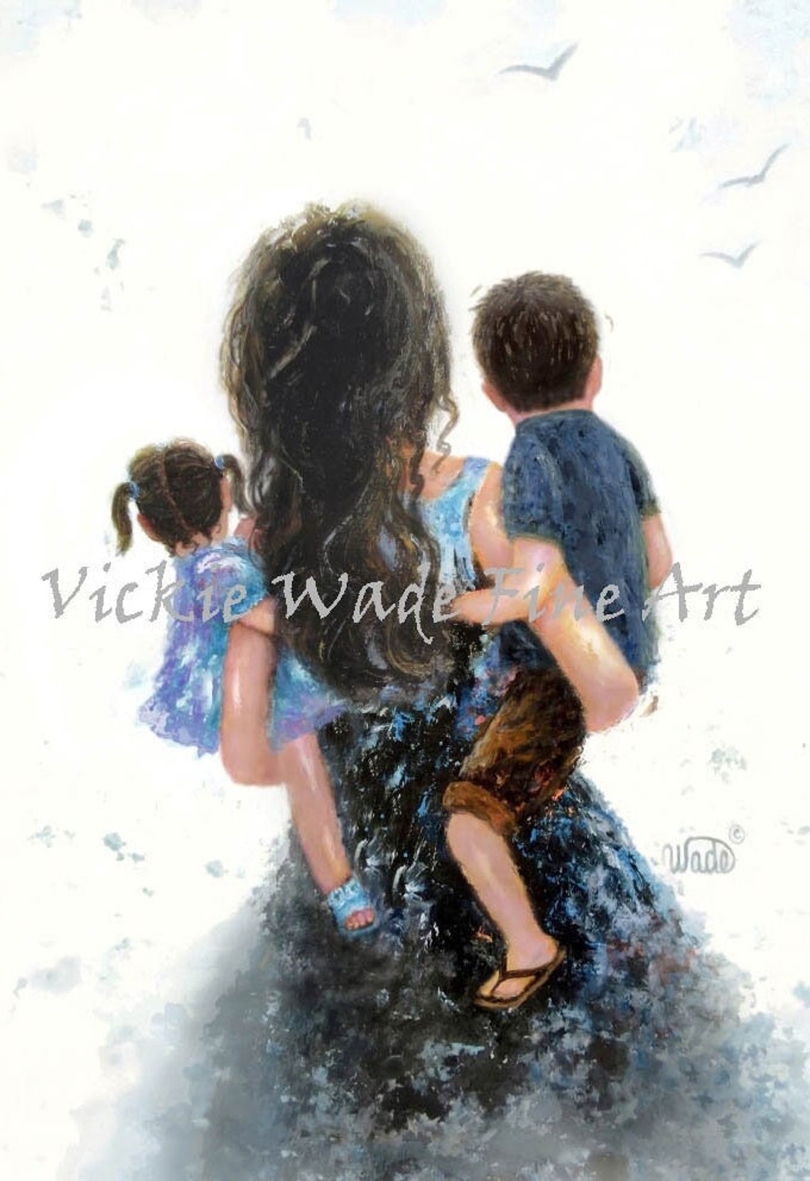 Mother Son And Daughter Hugs Art Print Mom Carrying Two Children Brother And Sister Boy And Redhead Girl Mommy Carry Me Vickie Wade Art
