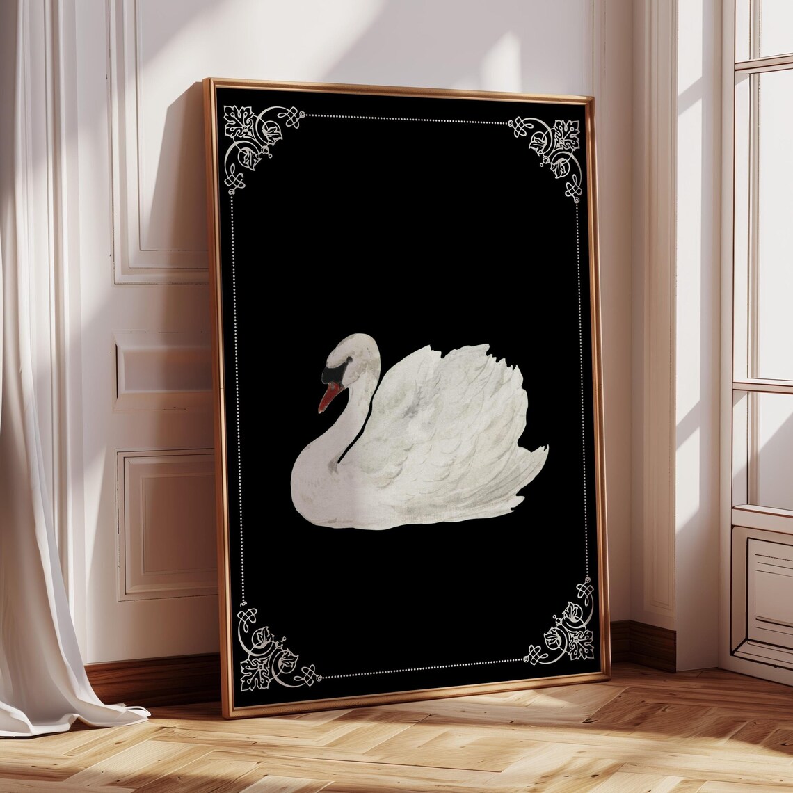White Swan On Black Background Elegant Vintage Animal Art Poster - Image 3
