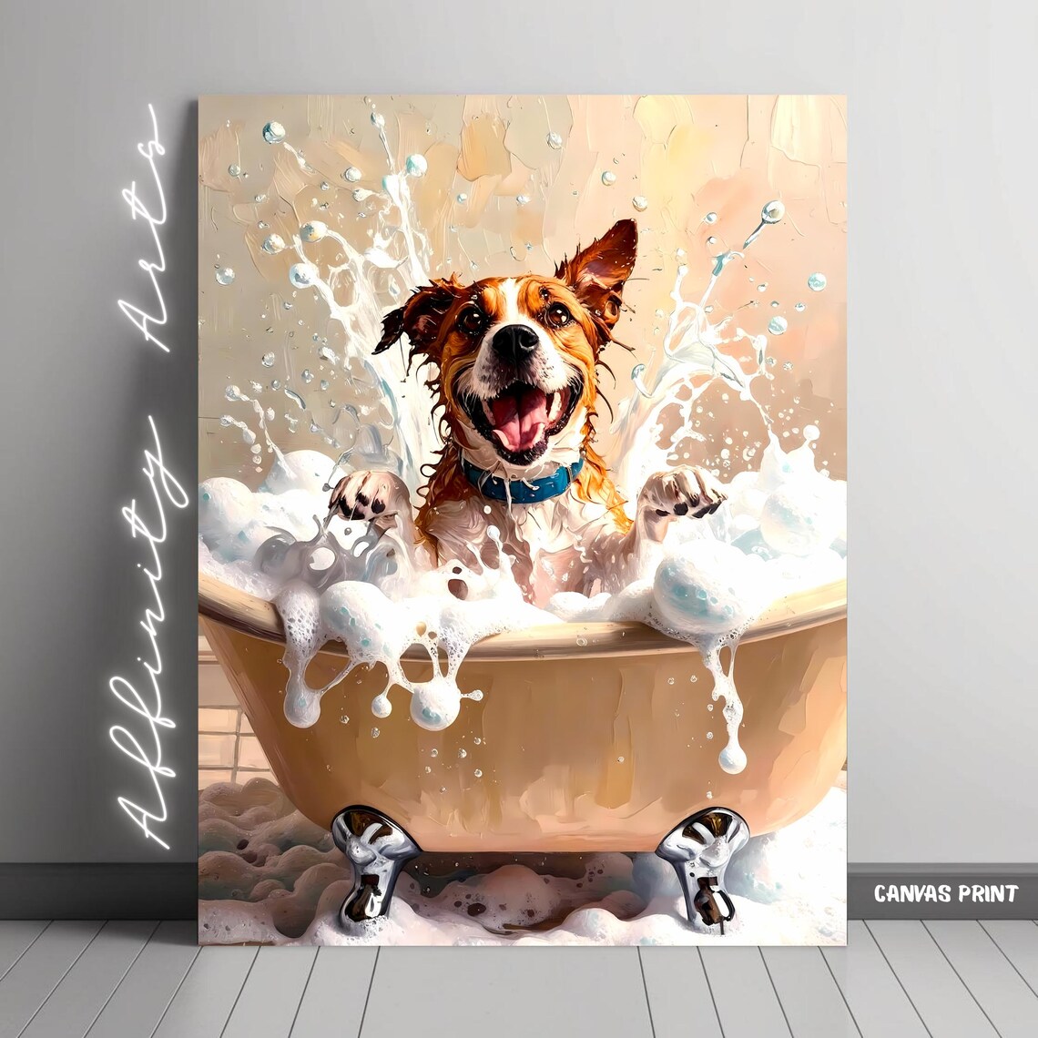 Dog Bath Art Print, Funny Impressionist Pet Painting