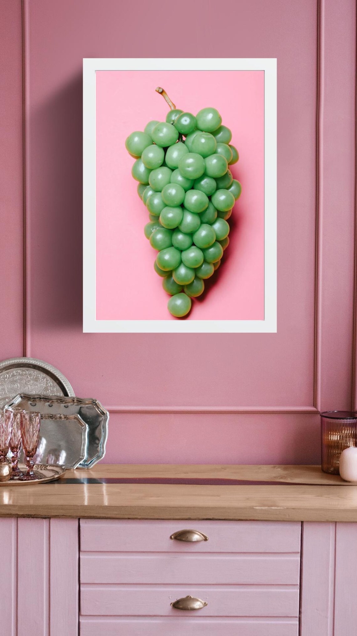 Green Grapes On Pink Background, Kitchen Decor - Image 3