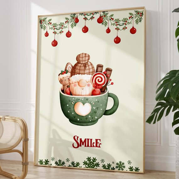 Adorable Christmas Gnome Hot Cocoa Mug Smile Watercolor Wall Art