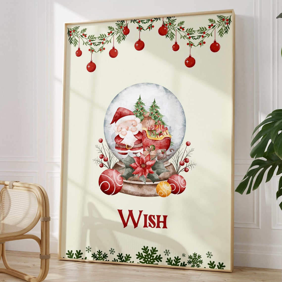 Wish Christmas Santa Snow Globe Watercolor Holiday Decor Poster