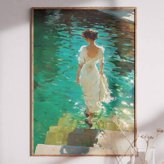 Woman Wading in Teal Water Impressionist Painting Art Poster