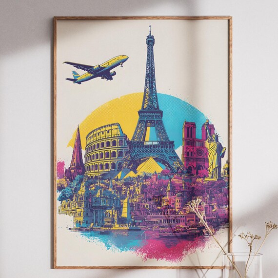 Colorful Famous World Landmarks Pop Art Collage Travel Poster