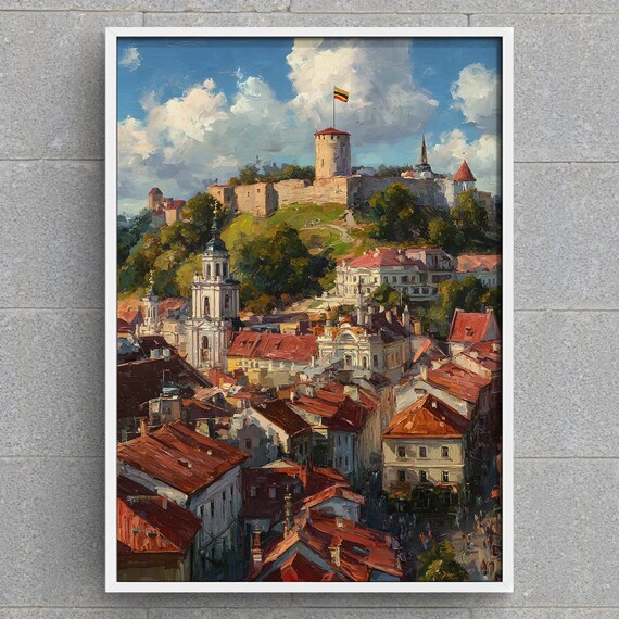 Vilnius Lithuania Old Town Art Print Gediminas Tower Cityscape European Heritage Wall Decor Oil Painting Style