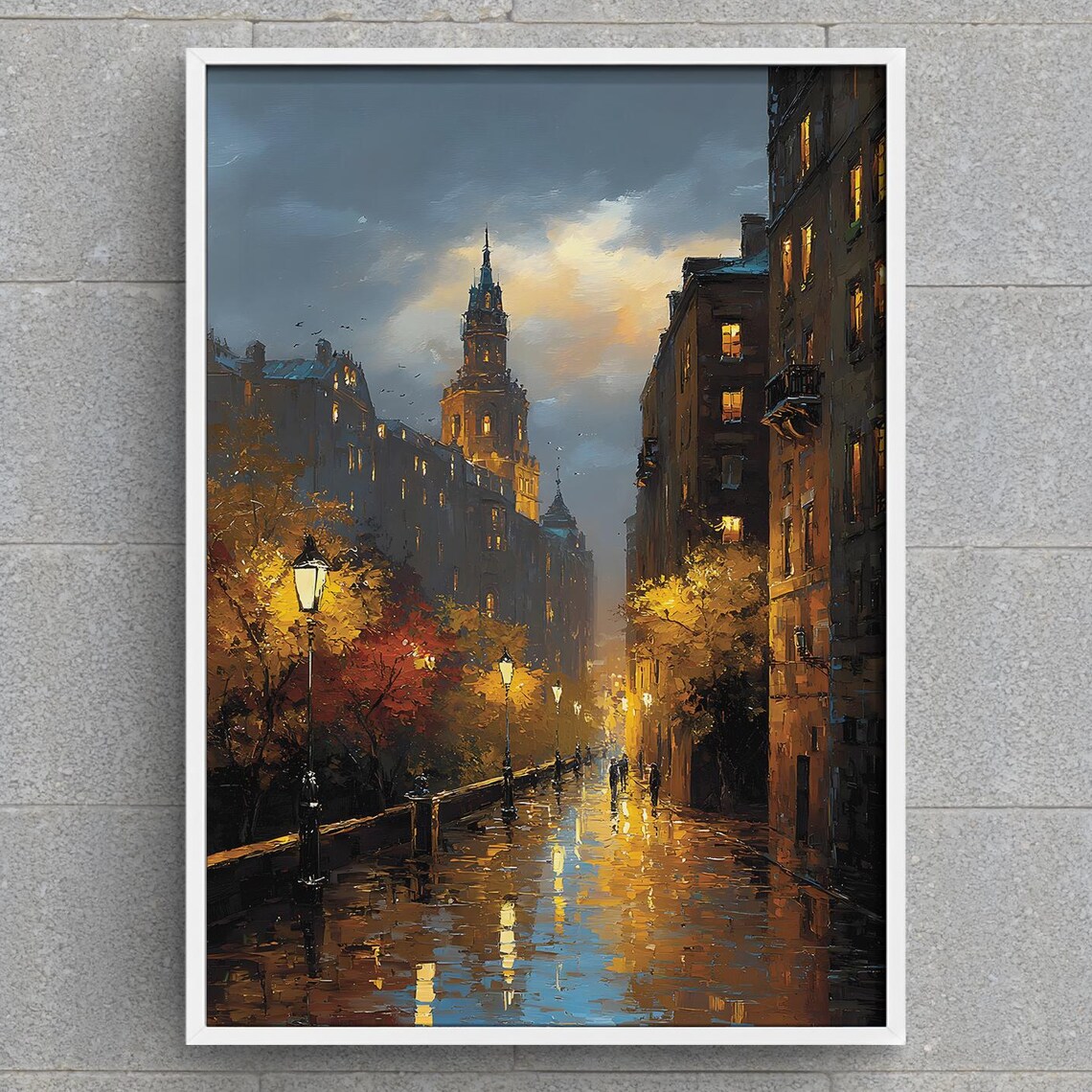 Rainy Evening Gas Lamp Street Old Town Impressionist Art Poster