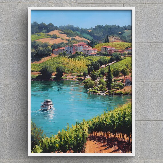 Riverside Village on Vineyard Hills Boat on Turquoise Water Summer Poster