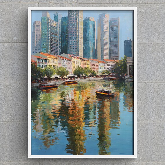 Singapore River Cityscape Painting Iconic Shophouses Art Modern Skyline View Impressionist Waterfront Print