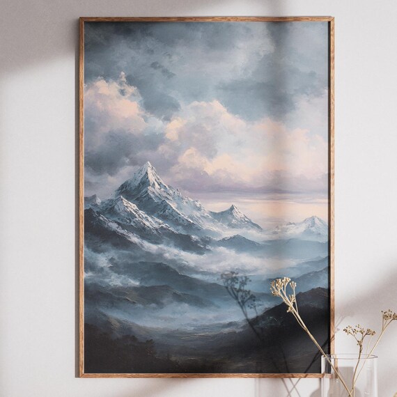 Misty Snow Capped Mountain Peaks Dramatic Oil Painting Poster