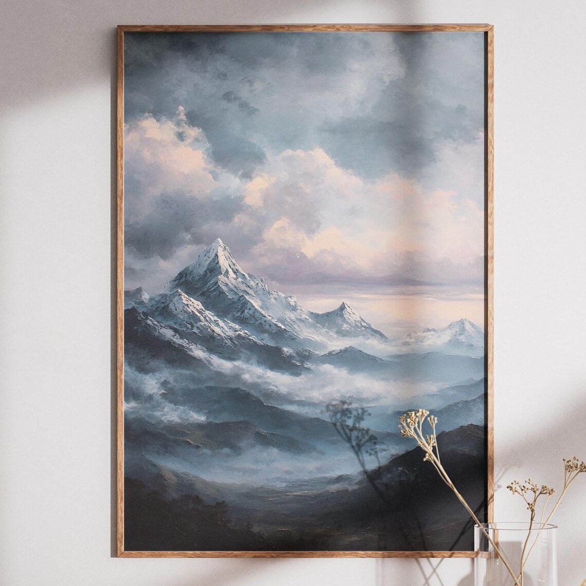 Misty Snow Capped Mountain Peaks Dramatic Oil Painting Poster