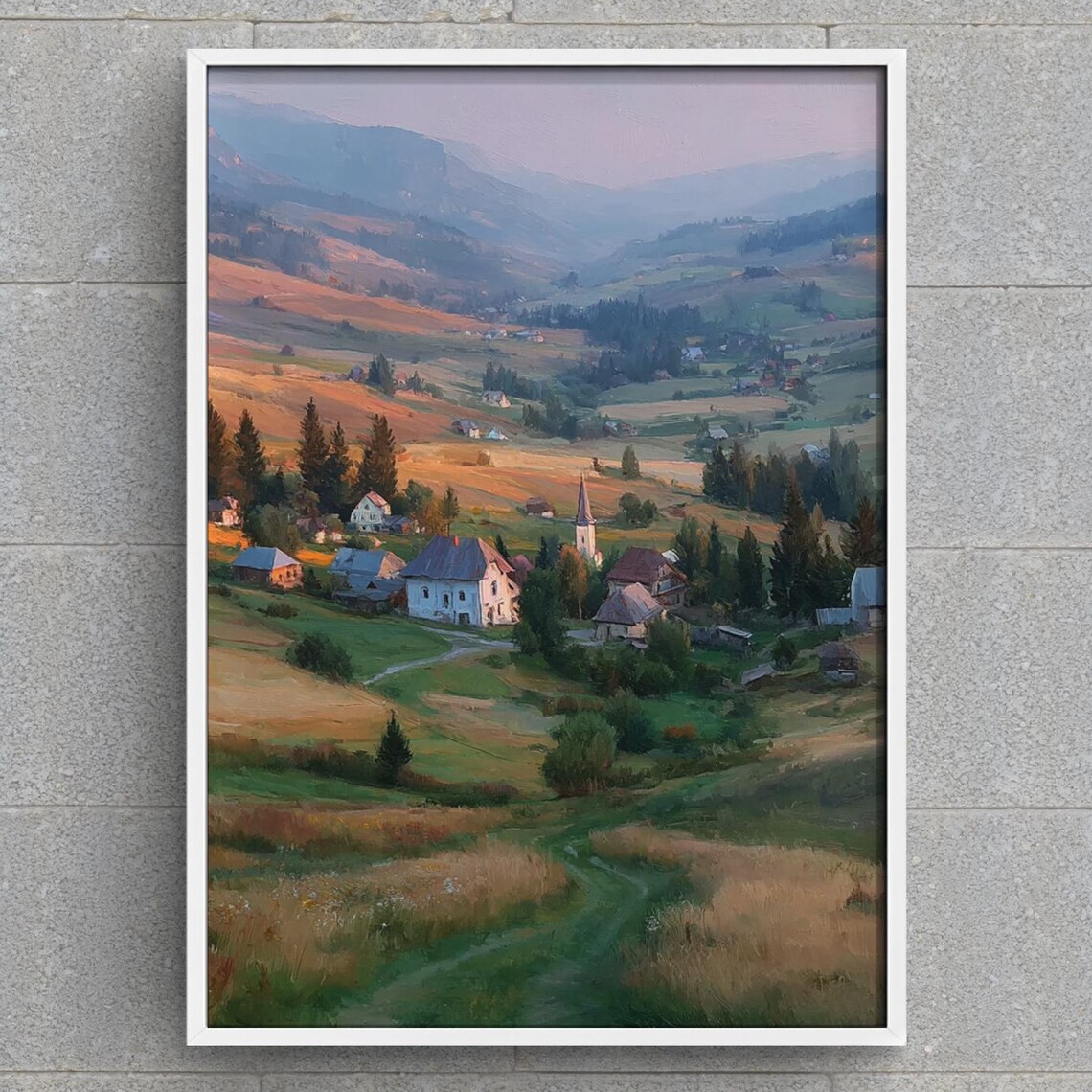 Transylvania Rolling Hills Village Church Sunset Painting Poster