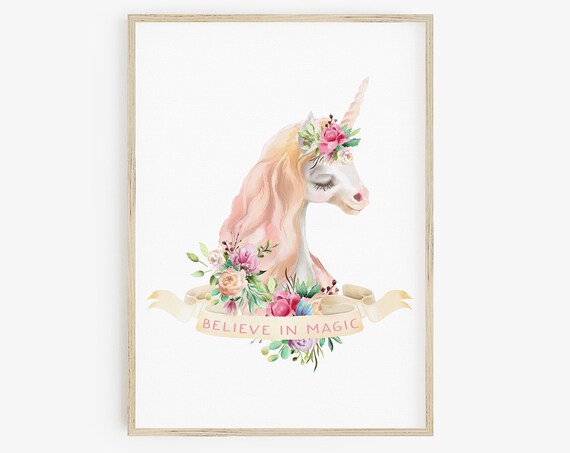 Believe In Magic Unicorn Print Instant Unicorn 8x10 Unicorn Wall Art Girls Magical Nursery Whimsical Unicorn Print