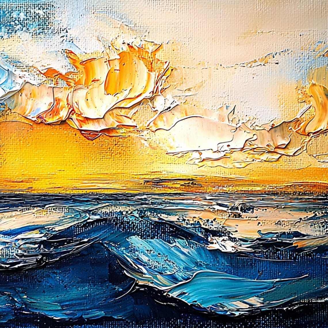 Dramatic Golden Sunset Ocean Waves Heavy Impasto Art Wall Poster - Image 5