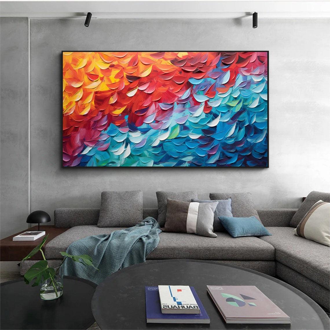 Fiery Orange to Turquoise Leaf Pattern Abstract Impasto Poster - Image 3