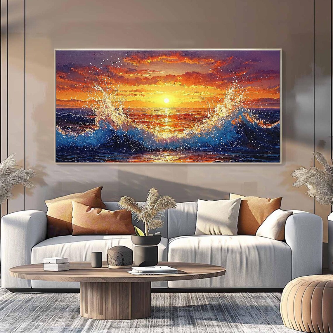 Golden Sun Center Ocean Sunset with Crashing Waves Oil Poster - Image 3