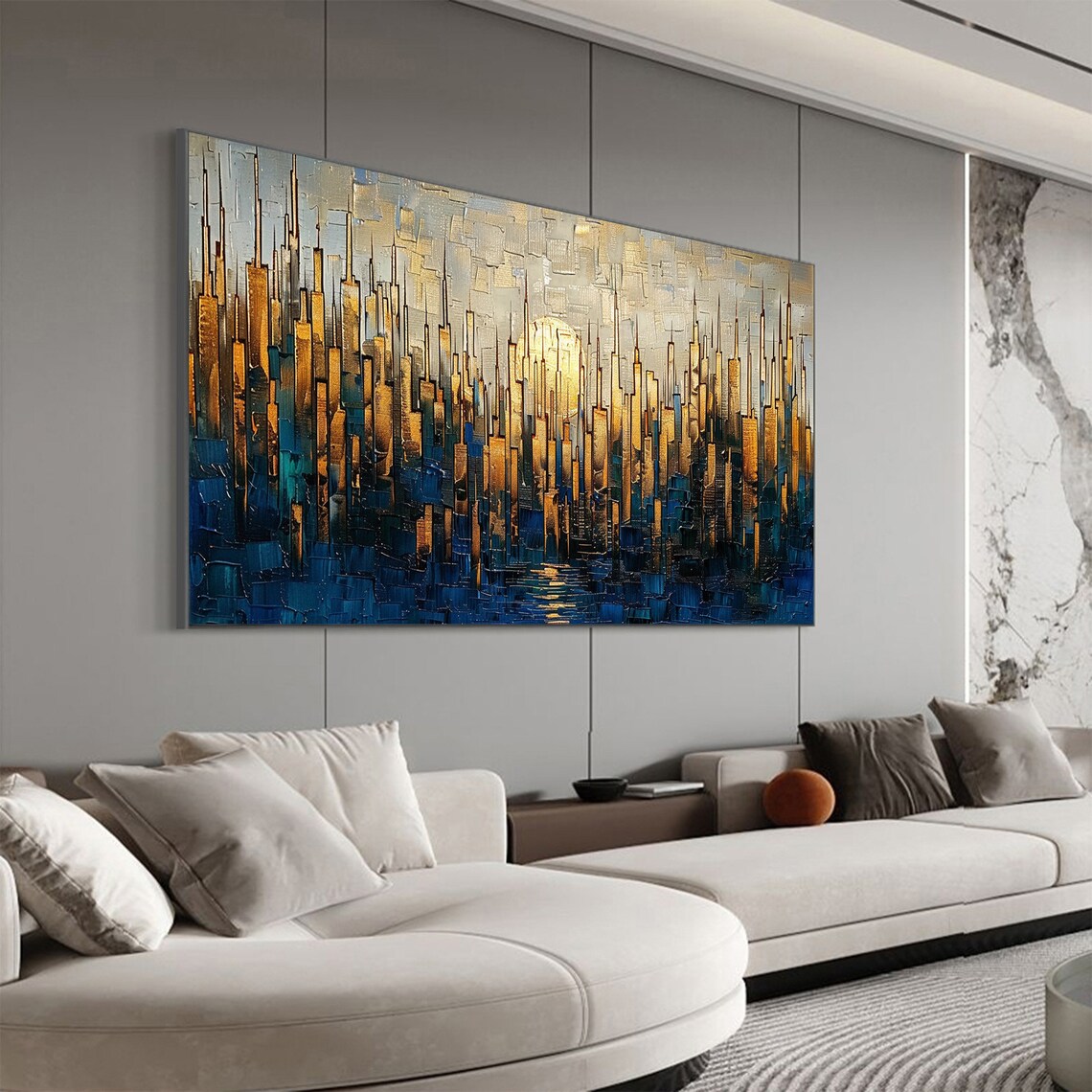 Golden City Towers at Dusk with Blue Water Reflection Poster - Image 6