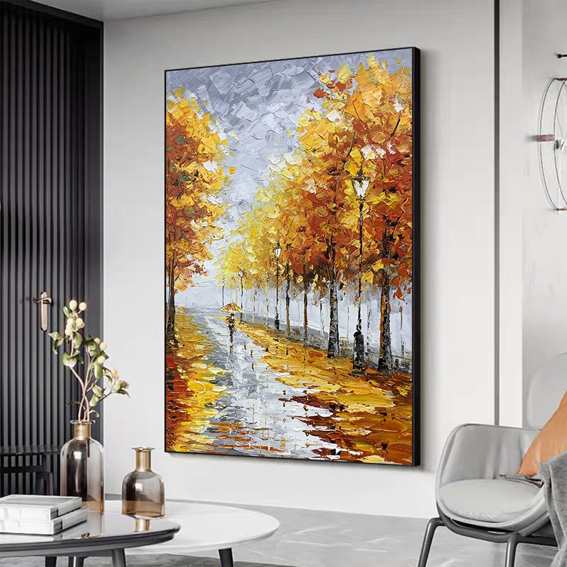 Rainy Autumn Street with Umbrella Golden Trees Oil Painting Poster - Image 5