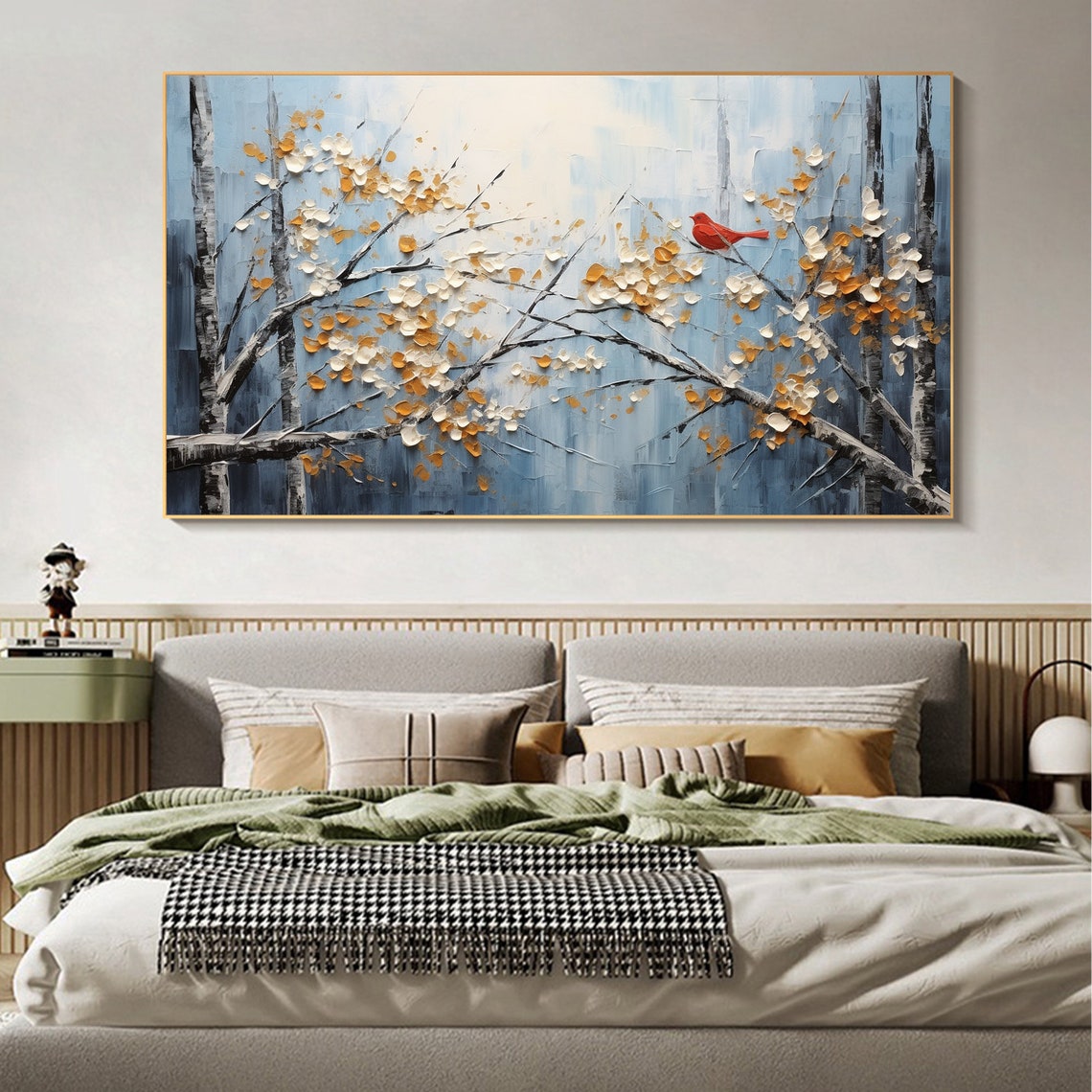 Red Bird Flowering Branches Blue Winter Floral Painting Poster - Image 4