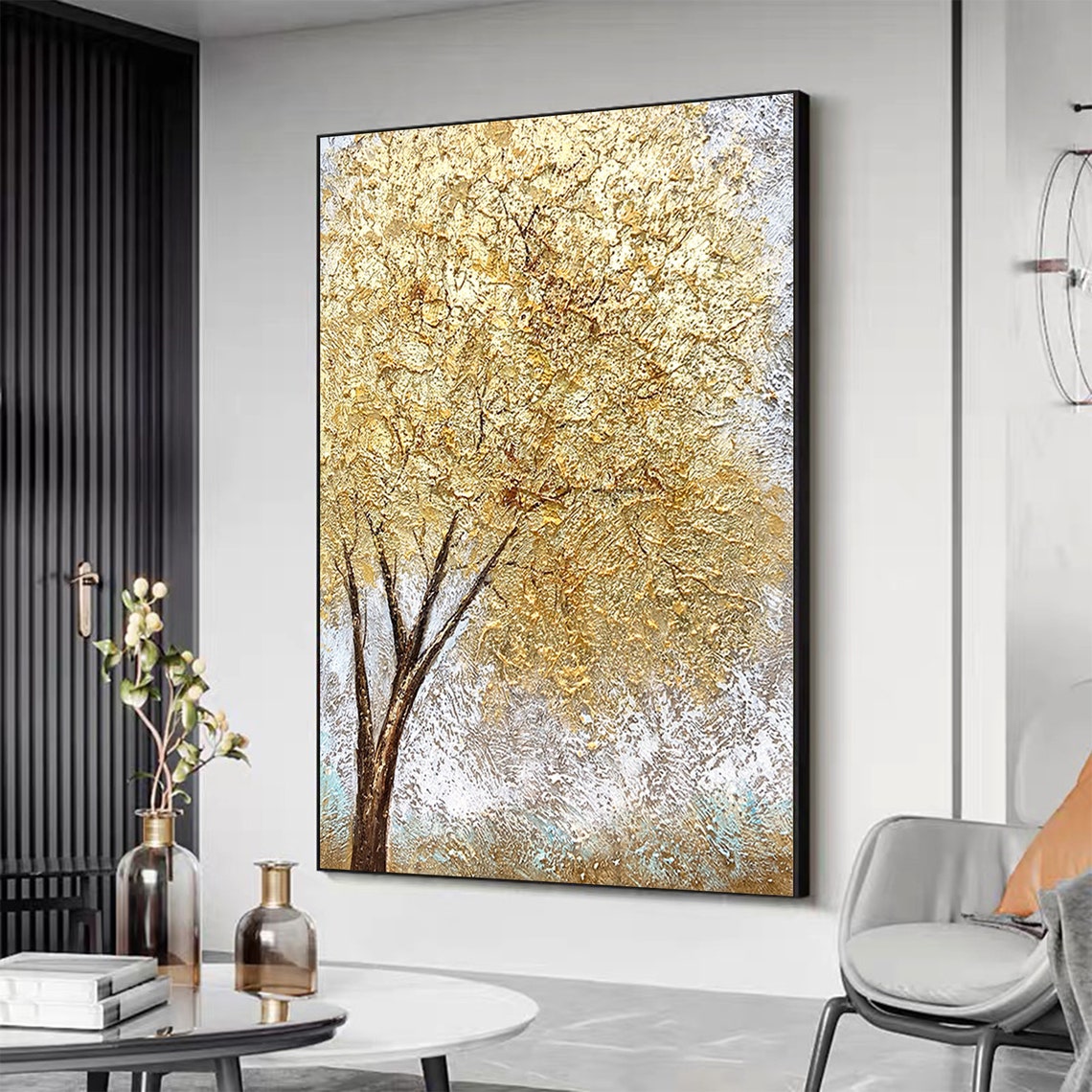 Golden Tree Vertical Textured Canopy Minimalist Painting Poster - Image 4
