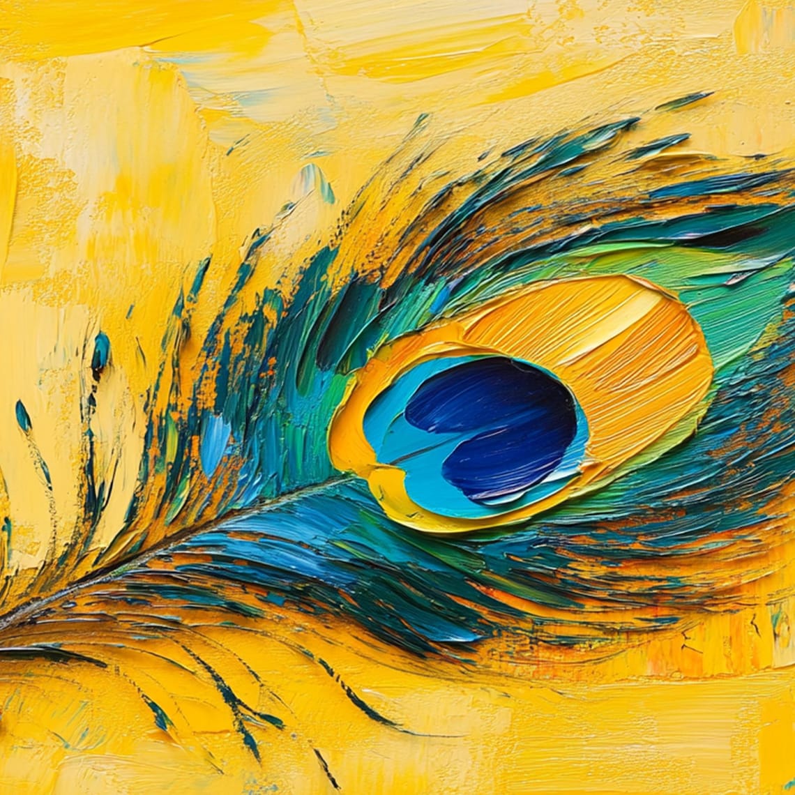 Peacock Feather on Bright Yellow Textured Oil Painting Poster - Image 5