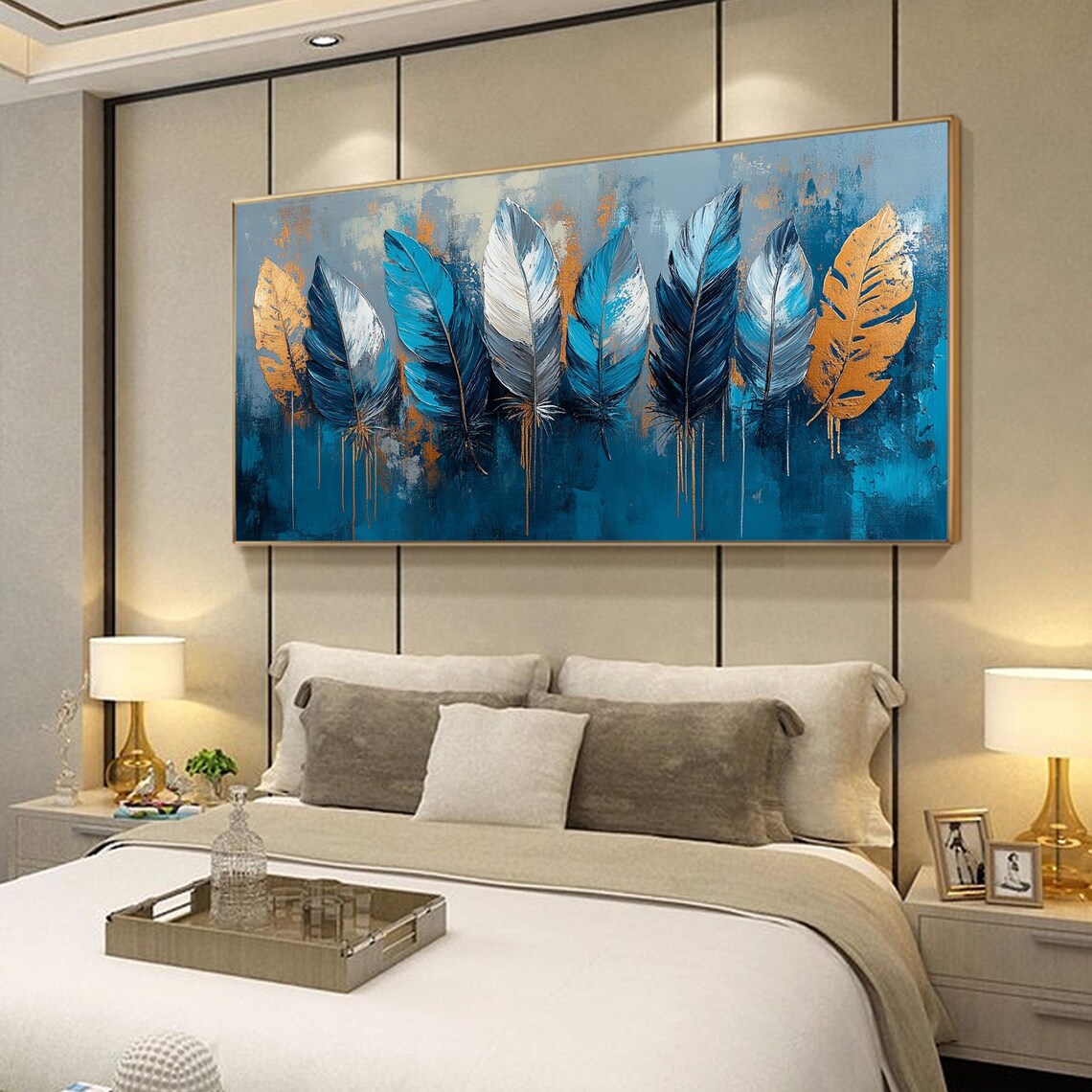 Blue and Gold Feathers Row with Metallic Drip Accents Poster - Image 4