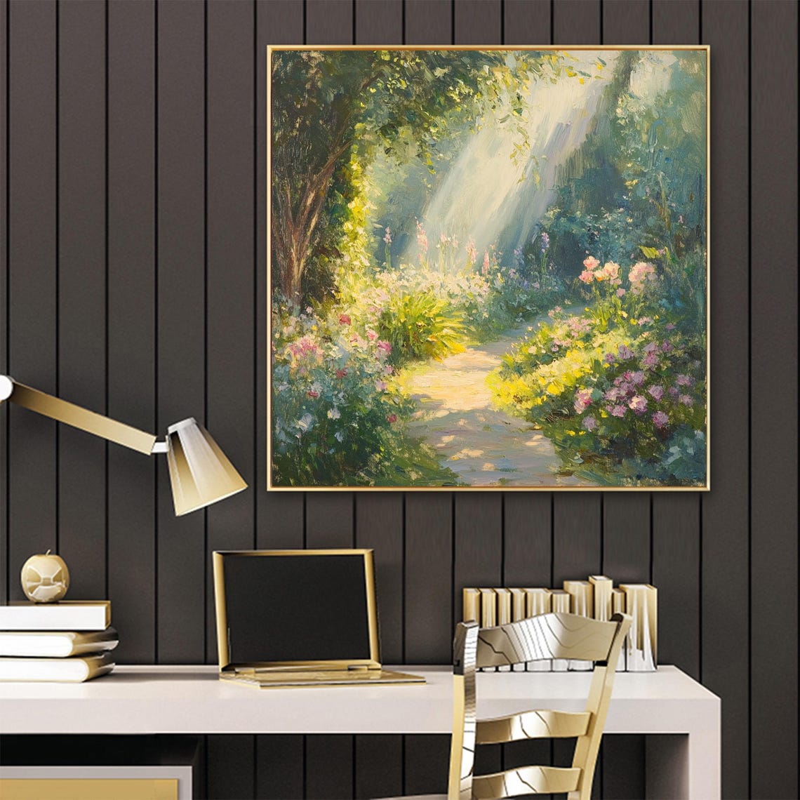 Sunlit Garden Path with Flowers and Light Rays Painting Poster - Image 2