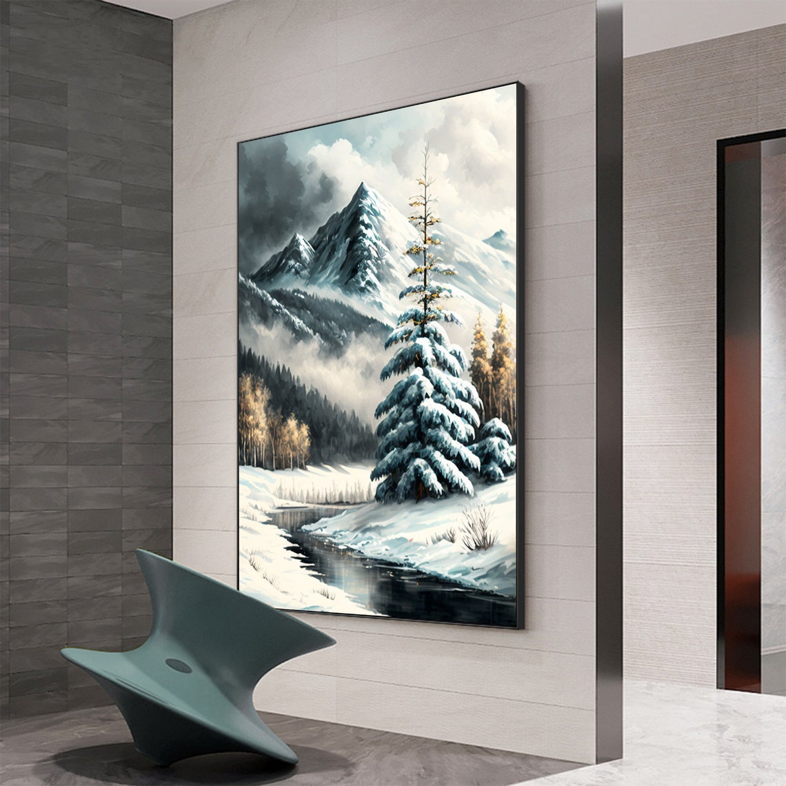 Snowy Winter Mountain Stream with Frosted Pine Trees Scene Poster - Image 5