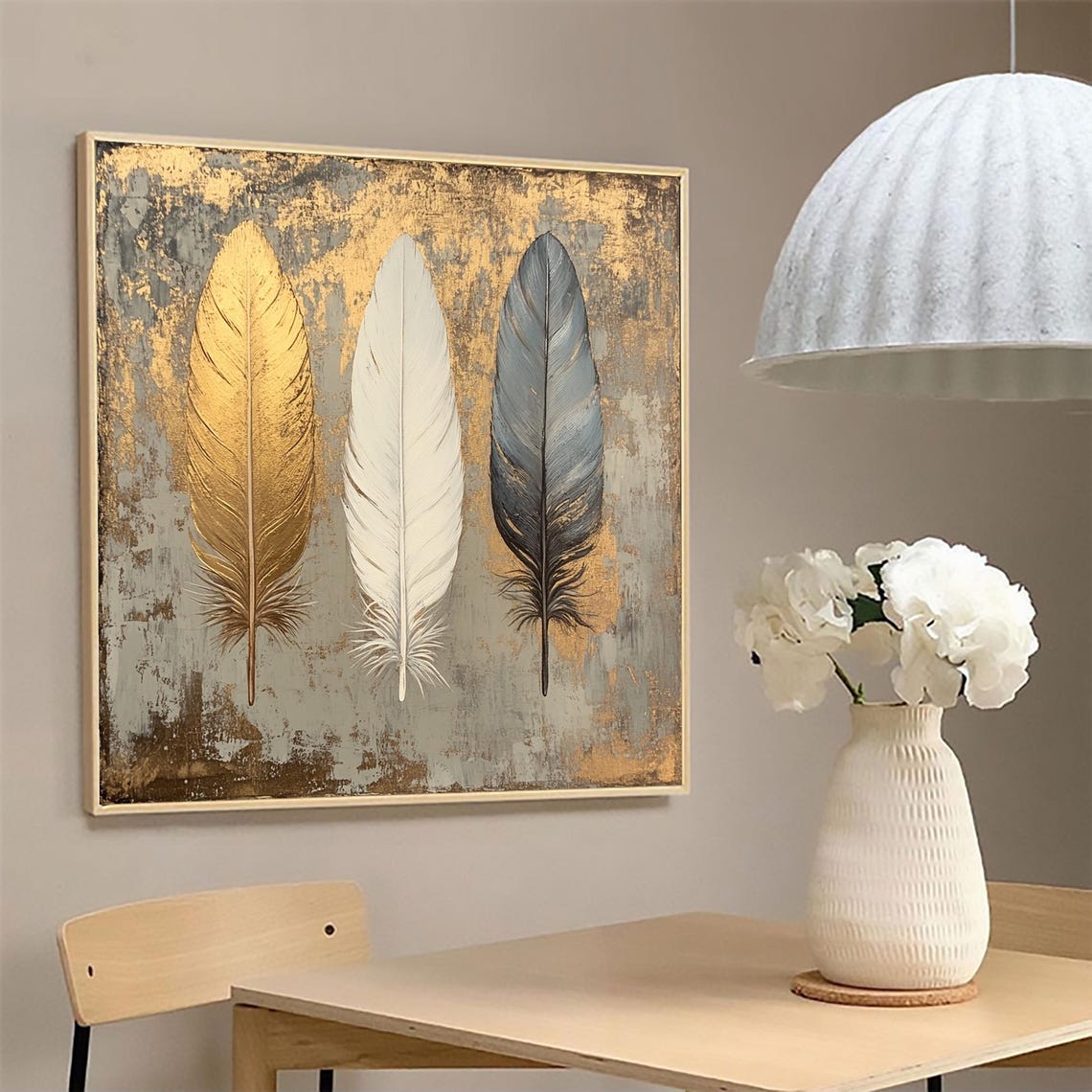 Three Gold White Gray Feathers Gold Leaf Oil Painting Poster - Image 2